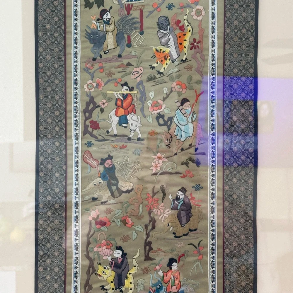Chinese hand embroidered silk Art Piece Framed. The Actual Piece 27 X 13”